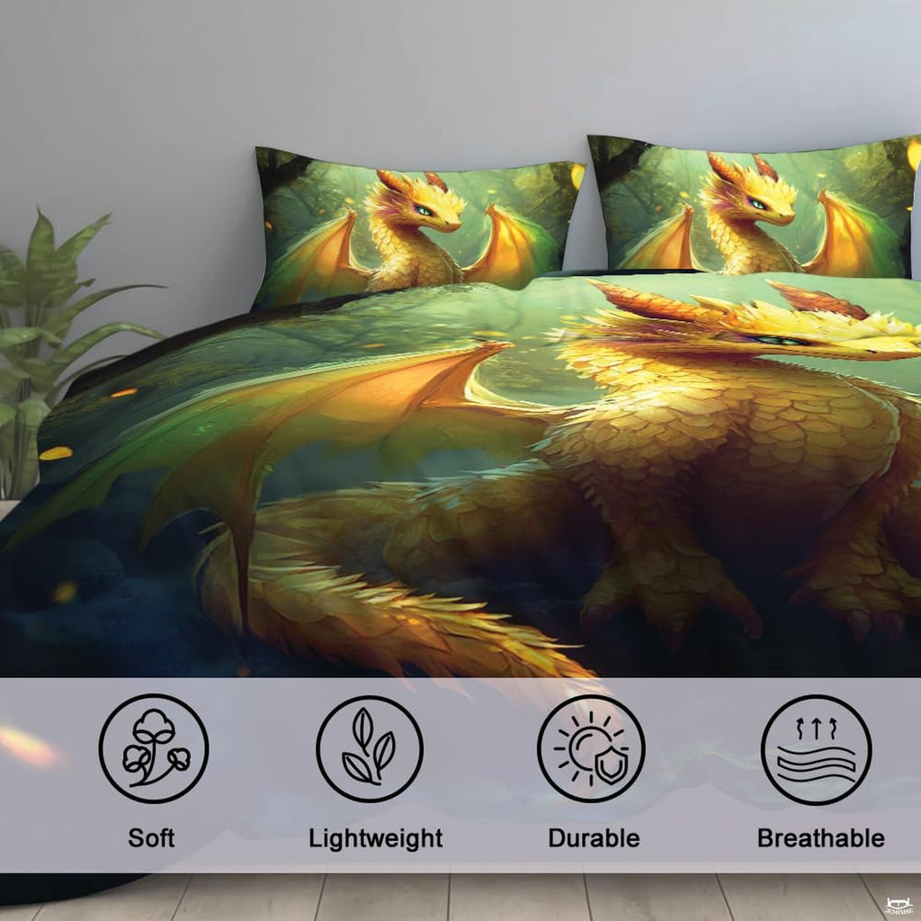 Close view of golden forest dragon artwork