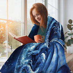 Celestial crescent moon blue fantasy dragon blanket showing mythical winged dragon and lunar crescent view 4