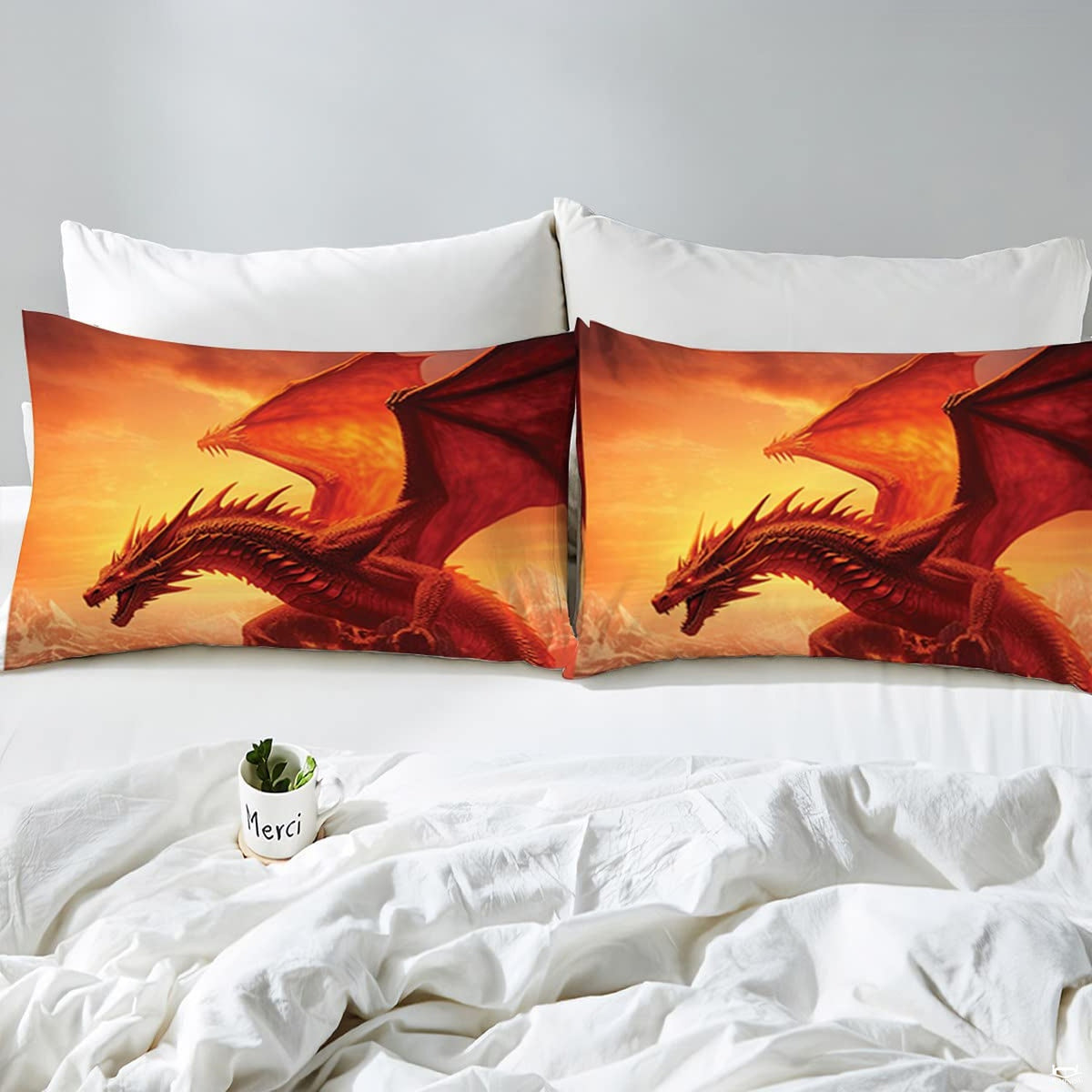 Stylishly decorated bedroom showcasing red dragon bedding against dark charcoal walls.