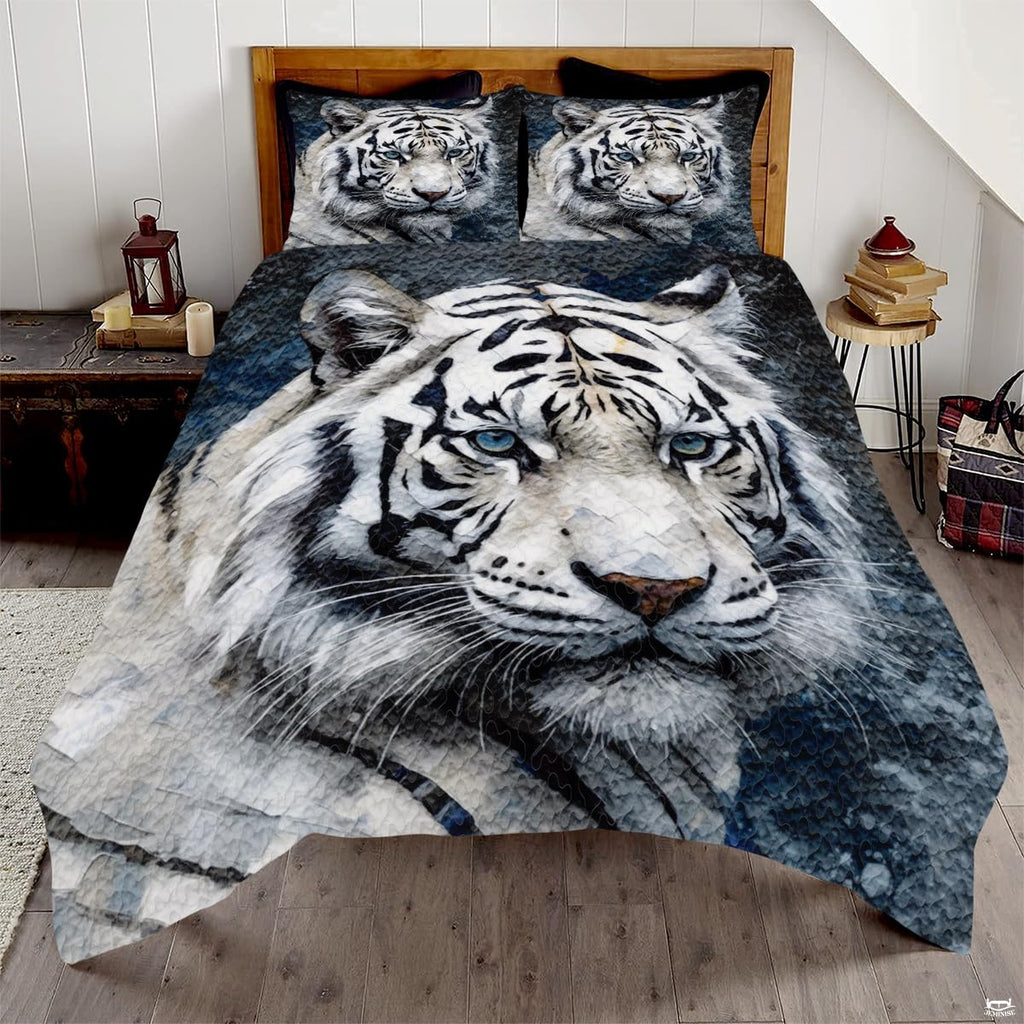 White tiger portrait bedding with icy blue eyes and black stripes
