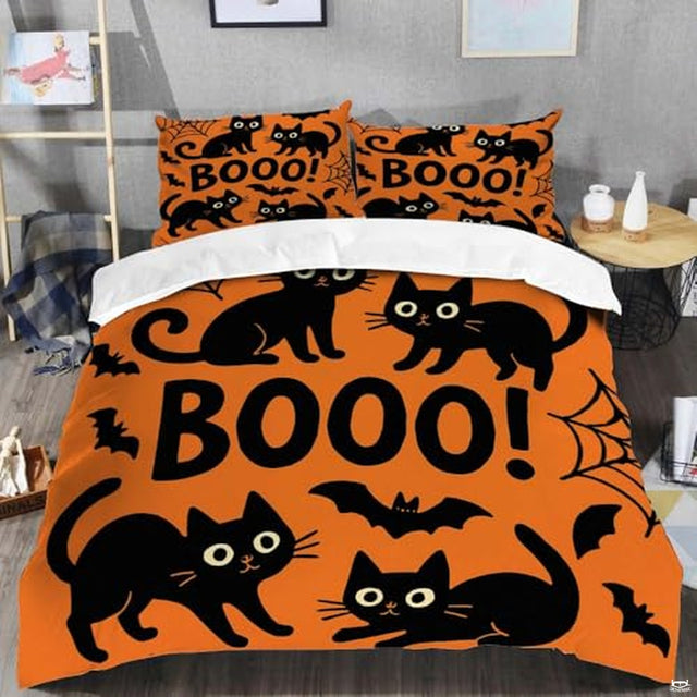 Angled bedroom setup showing bed styled with orange Halloween black cat bedding.