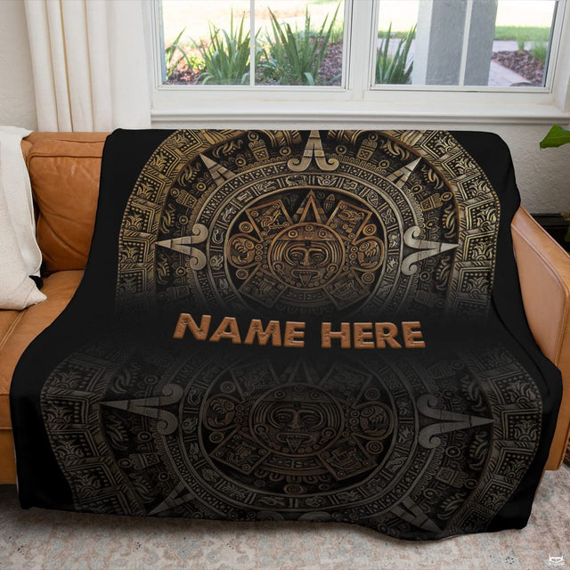 Detailed perspective of ancient tribal calendar glyphs with metallic bronze shading on a carved bed set.