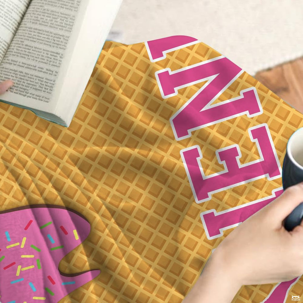 Overhead perspective of ice cream baseball bedding set highlighting vibrant athletic graphics and jersey numbers.