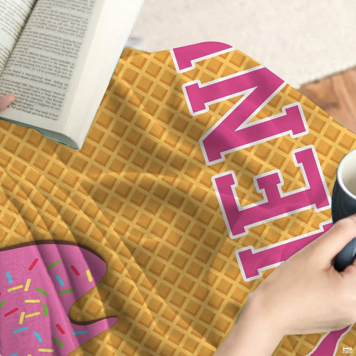 Overhead perspective of ice cream baseball bedding set highlighting vibrant athletic graphics and jersey numbers.