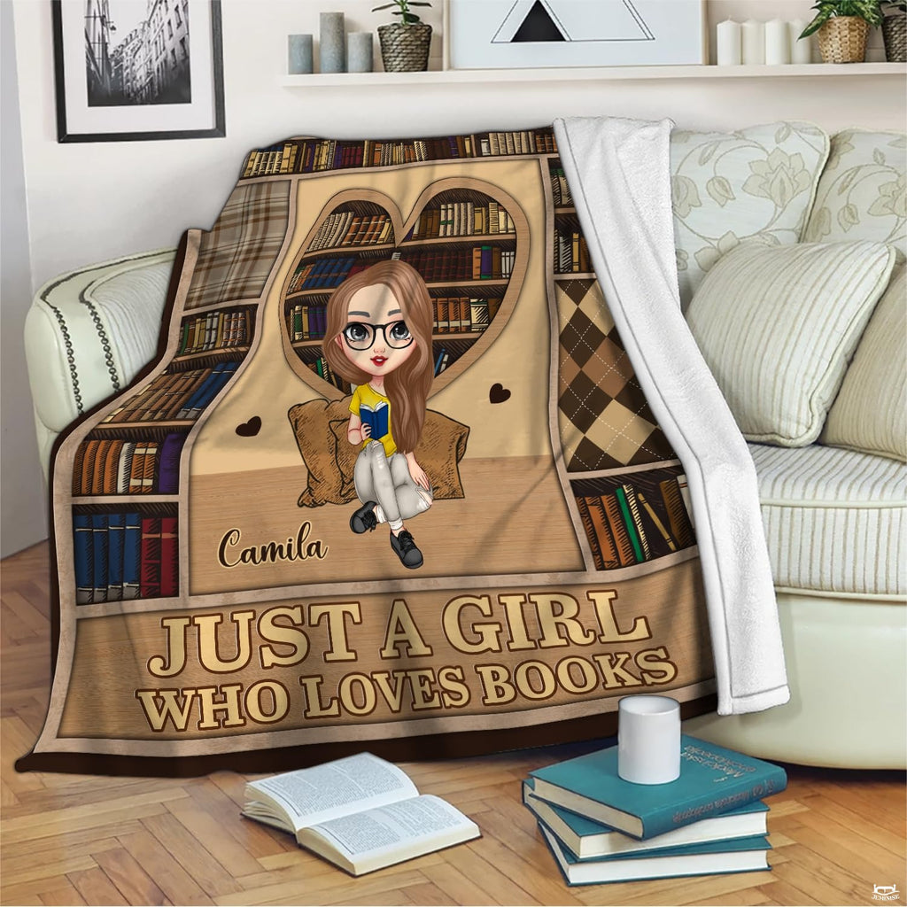 Angled perspective of plaid reader girl throw blanket highlighting warm wood tones.