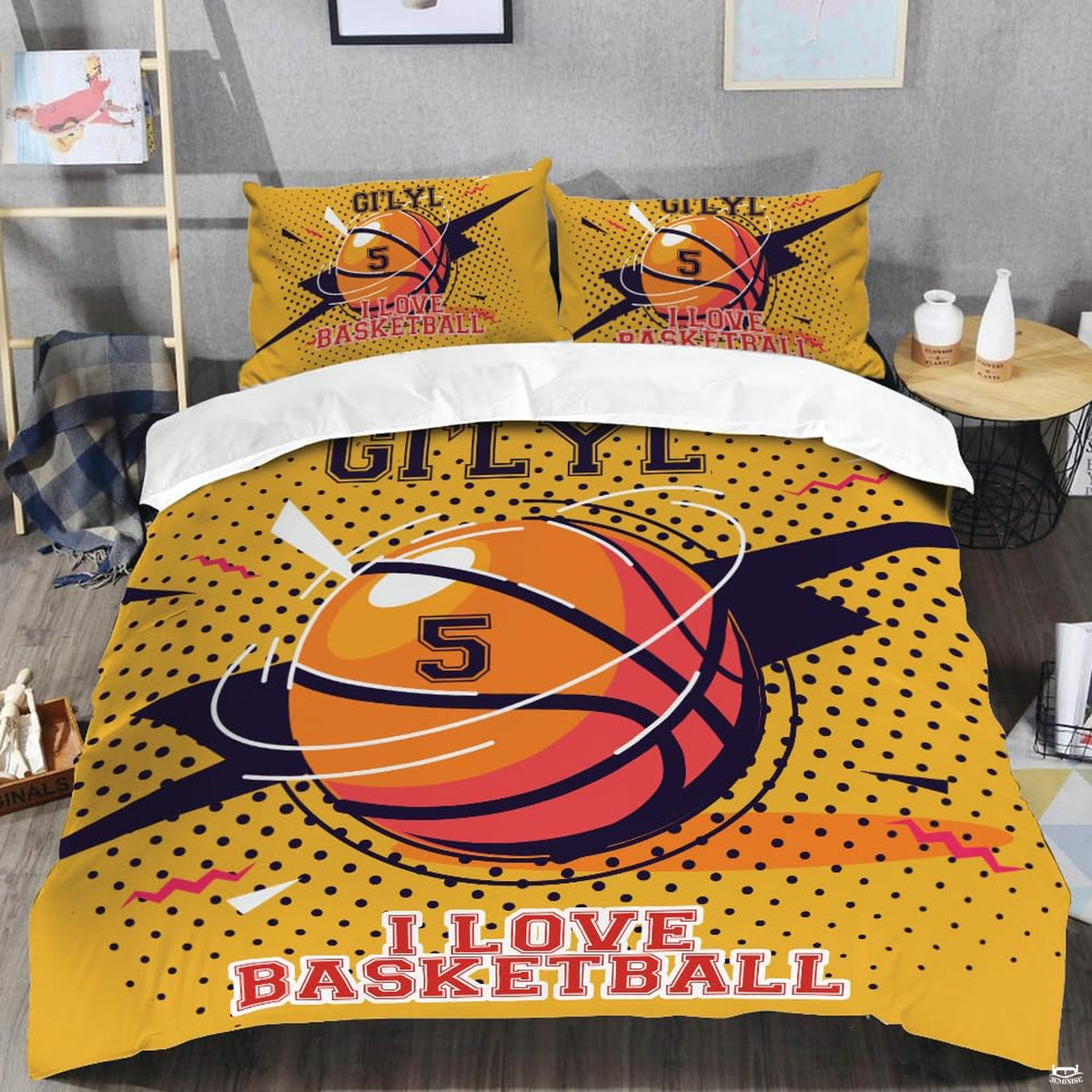 Close-up perspective of sports bedding detailing retro comic dot texture, orange basketball, and speed rings