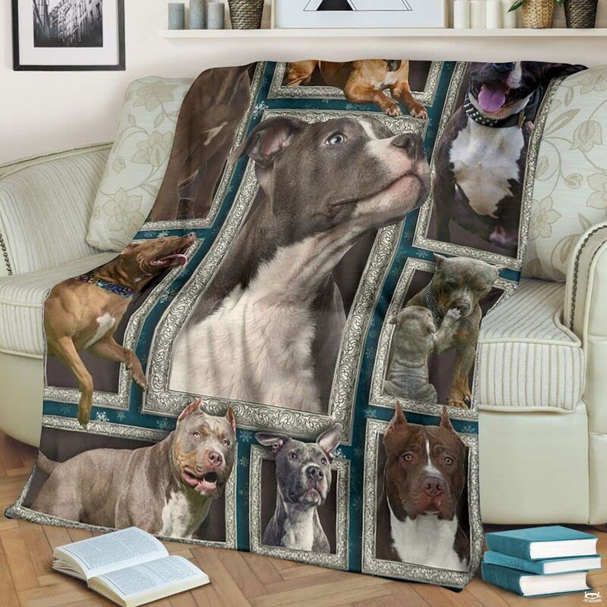 Grey couch arrangement featuring the Pit Bull Terrier blanket draped beside patterned pillows.