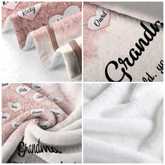 Detailed grid showcasing printed family tree lettering, fabric folds, and plush backing