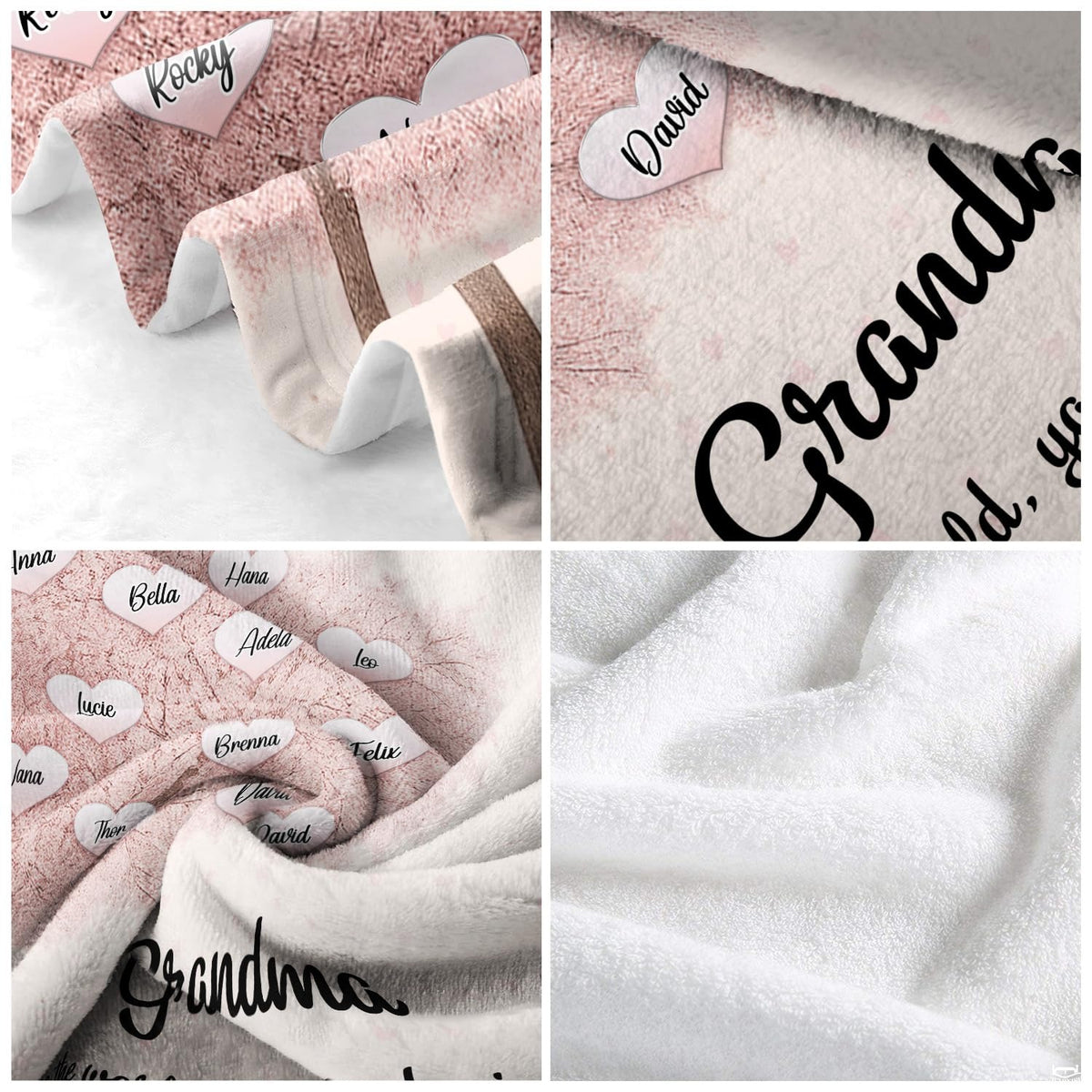 Detailed grid showcasing printed family tree lettering, fabric folds, and plush backing