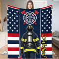 Firefighter with air tank, Maltese cross crest, and patriotic flag star borders graphic print on Blanket.