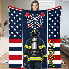Firefighter with air tank, Maltese cross crest, and patriotic flag star borders graphic print on Blanket.