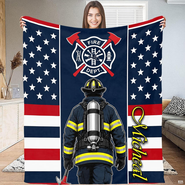 Firefighter with air tank, Maltese cross crest, and patriotic flag star borders graphic print on Blanket.
