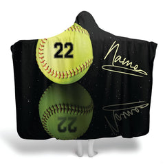 Optic yellow softball with crimson markings, mirrored reflection, jersey digits, and script art, view 1.