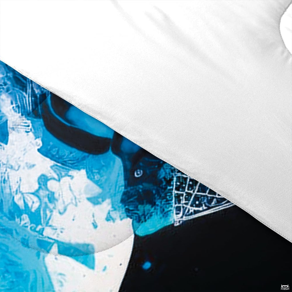 Folded presentation of ice hockey bedding displaying sharp graphic clarity in dark navy and black tones