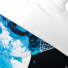 Folded presentation of ice hockey bedding displaying sharp graphic clarity in dark navy and black tones
