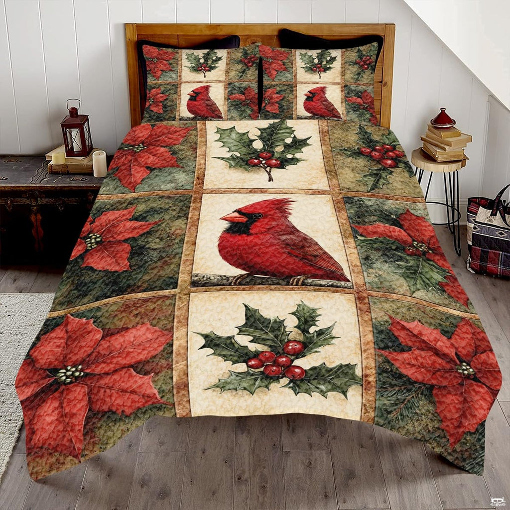 Midnight woodland scarlet cardinal songbird bedding set displayed neatly on a bed in a winter bedroom