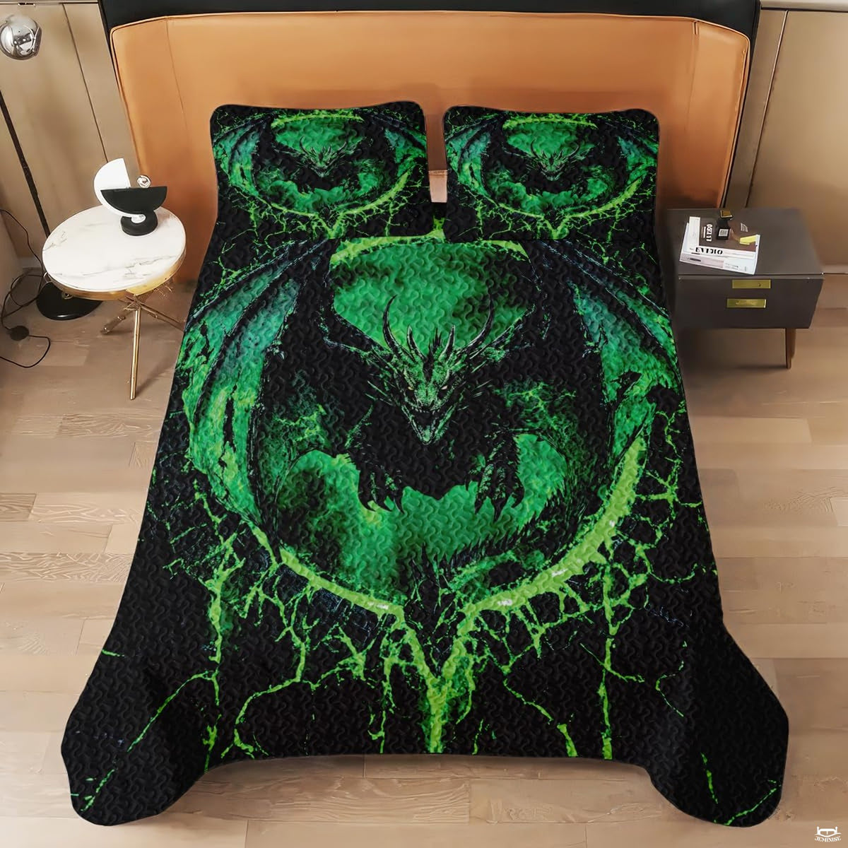 Overhead perspective of green lava dragon bedding arranged neatly across a themed bedroom mattress