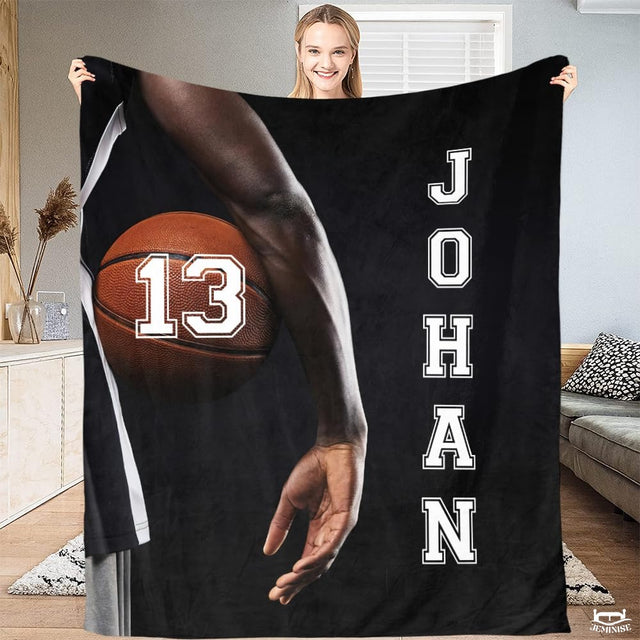 Personalized Basketball Held Under Player Arm Blanket with Name and Number