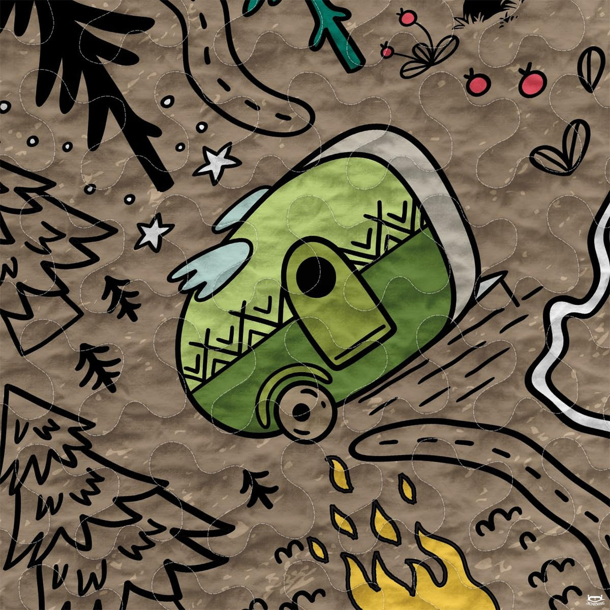 Close-up of the doodle-style camper van, campfire, and wildlife illustrations on a rustic bedding set