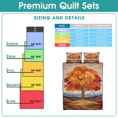 High-angle perspective of autumn foliage bedding set presenting balanced pumpkin and leaf motifs across the bed.