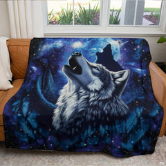 Bedroom lifestyle setting showcasing the celestial wolves wildlife throw blanket styled on a bed.
