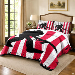 Distressed American flag bedding display featuring armed Sasquatch graphic with weathered stars canton.