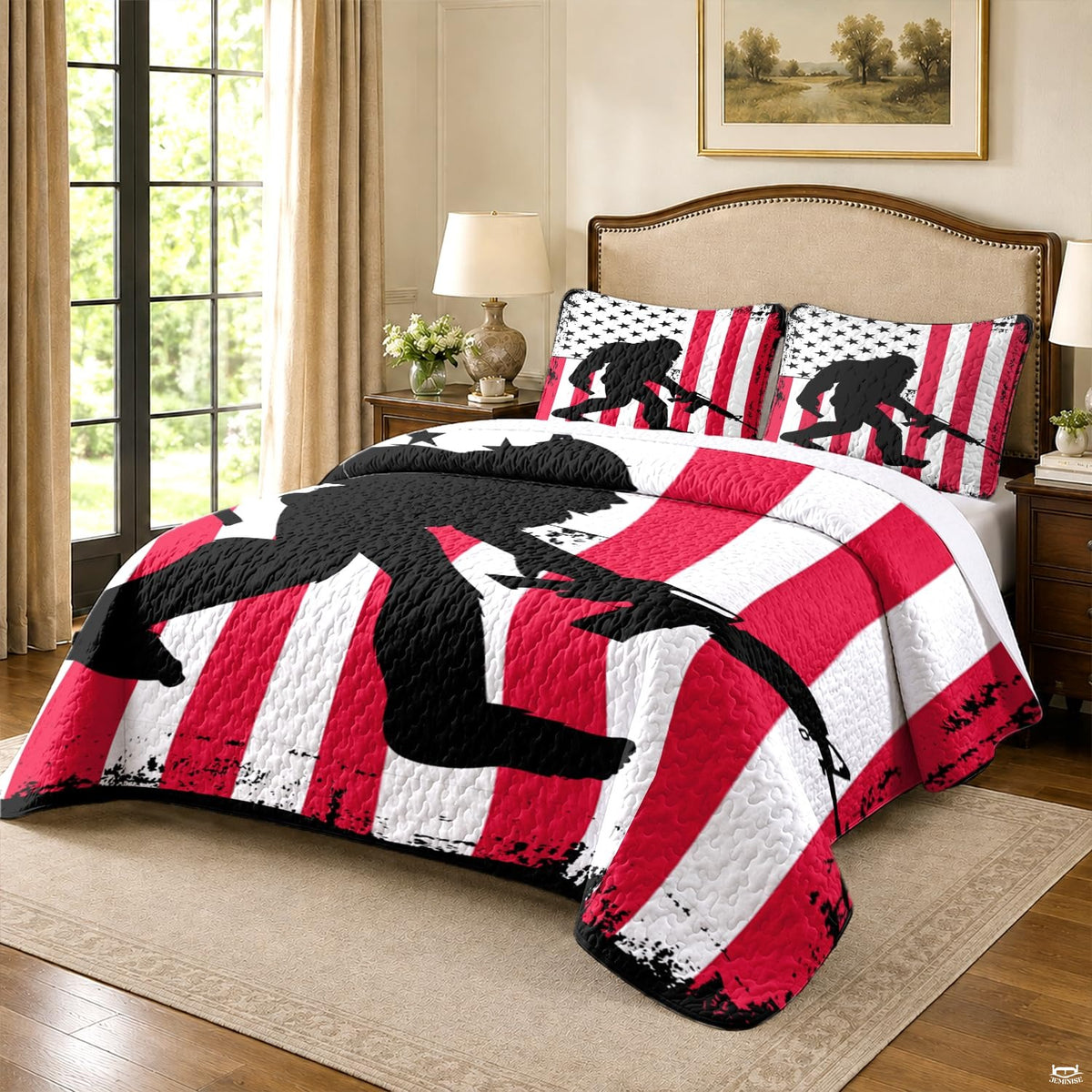 Distressed American flag bedding display featuring armed Sasquatch graphic with weathered stars canton.