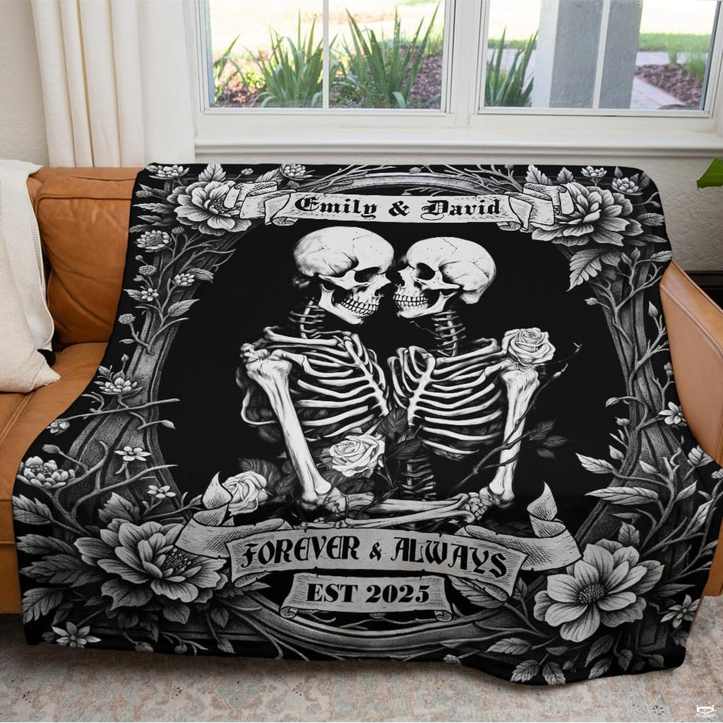 Dramatic dark aesthetic room styling centered around monochrome skeleton lovers bedding.