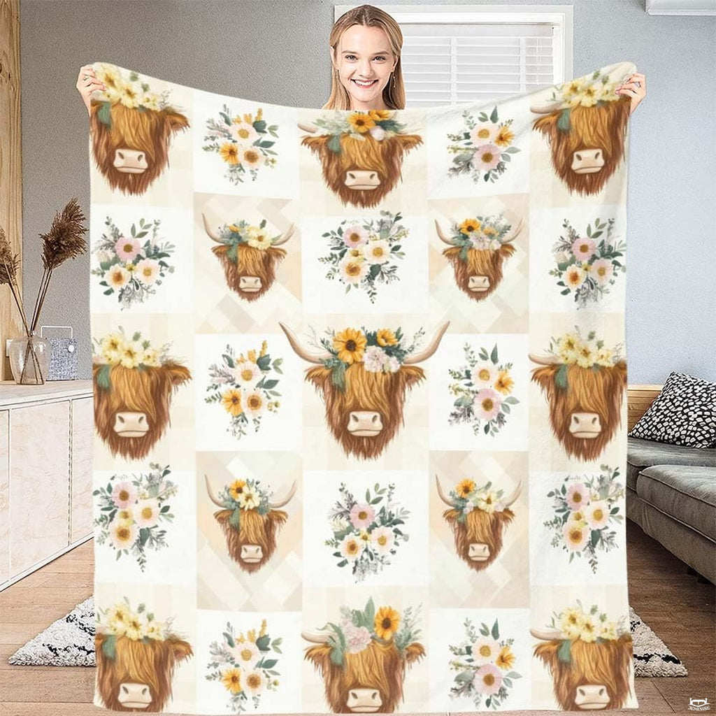 Repeating grid pattern of Highland cows in flower crowns and botanical bouquets on gingham, view 2.