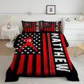 Red baseball batter bedding displaying player silhouette, vertical crimson stripes, and white stars on black background