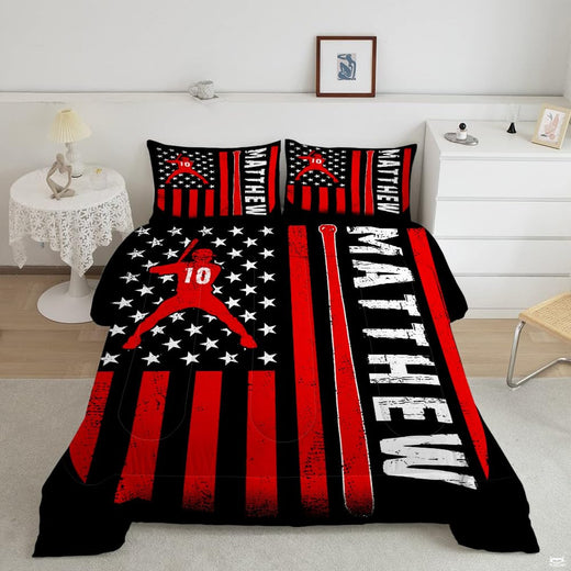 Red baseball batter bedding displaying player silhouette, vertical crimson stripes, and white stars on black background