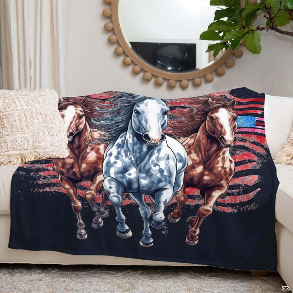 Equestrian themed bedroom styling inspired by 7 running horses in bedroom artwork with distressed stars and stripes.