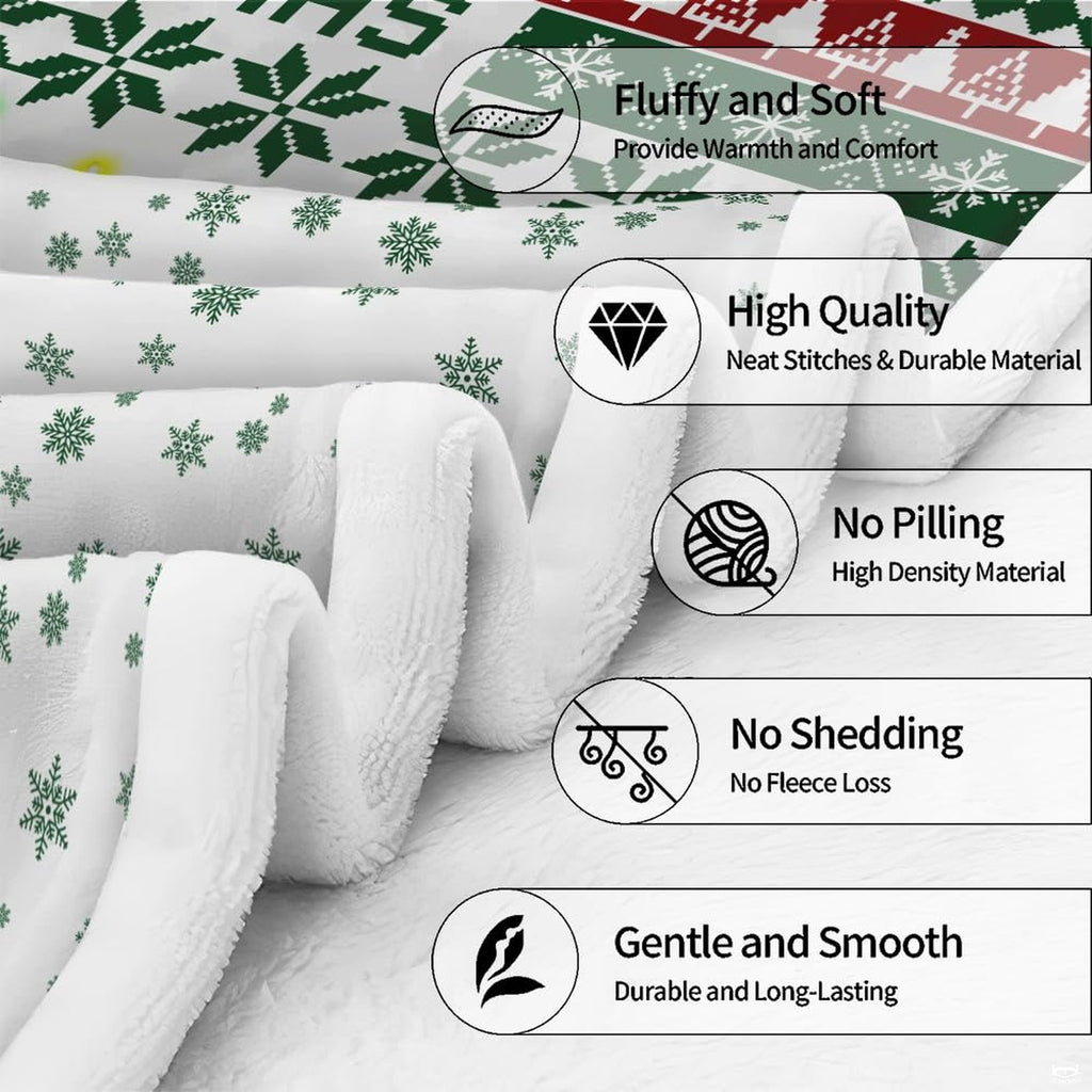 Nordic Fair Isle Christmas blanket styled near an armchair and decorated holiday tree