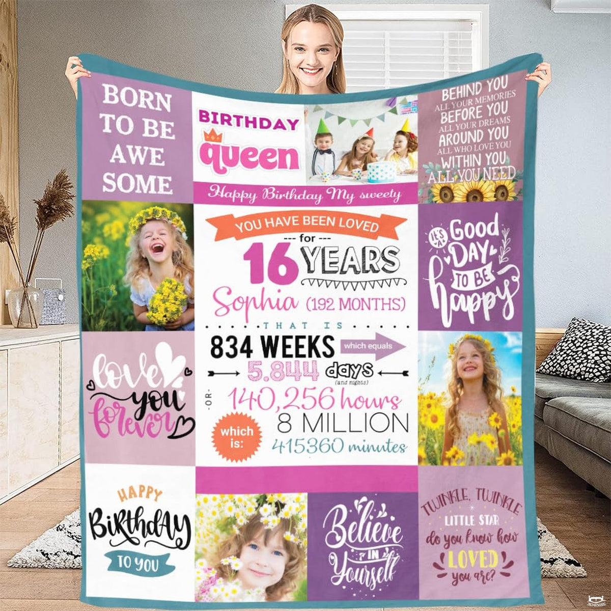 Sweet 16th birthday photo collage throw blanket held open by woman