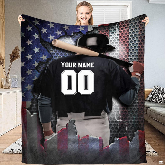 Baseball player jersey bat throw blanket view 2 highlighting athletic jersey graphics and sports bedroom decor