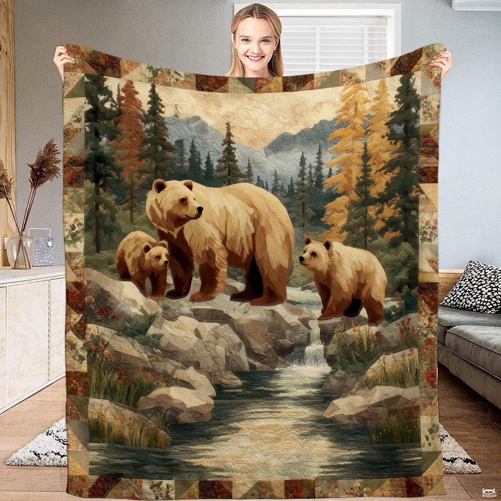 Grizzly bear family mountain river throw blanket held open by woman