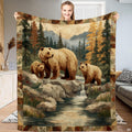 Grizzly bear family mountain river throw blanket held open by woman