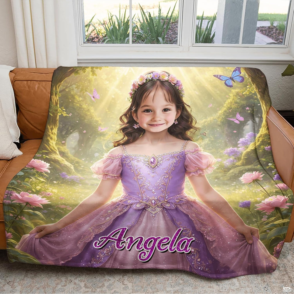 Folded blanket showing flower crown portrait and fluttering purple butterfly design.