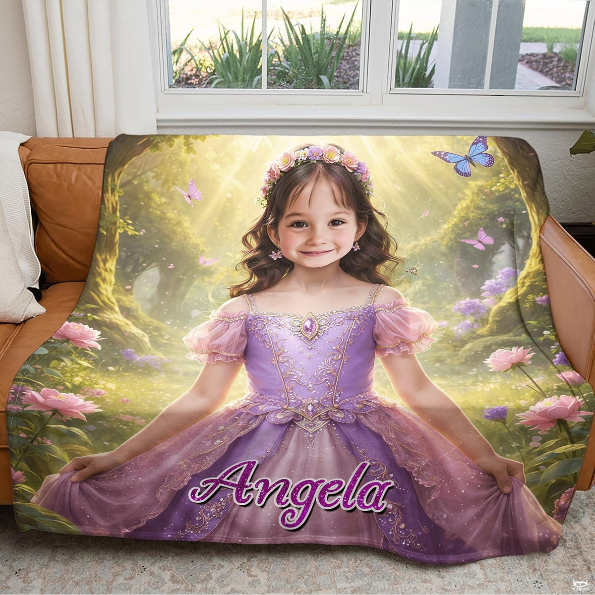Folded blanket showing flower crown portrait and fluttering purple butterfly design.