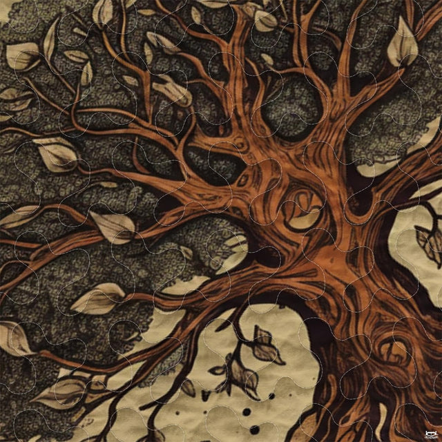 Close up of intricate twisting branches, roots, and ornate baroque filigree border on vintage parchment bedding.