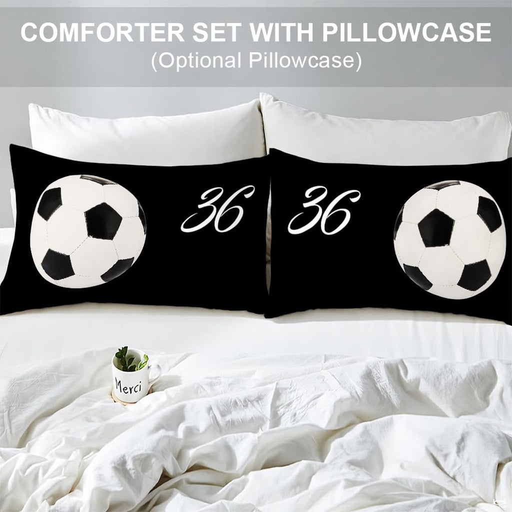 Matching pillow sham detail for black soccer bedding set featuring jersey numbers and ball graphic