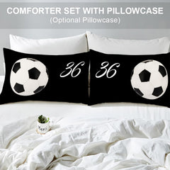 Matching pillow sham detail for black soccer bedding set featuring jersey numbers and ball graphic