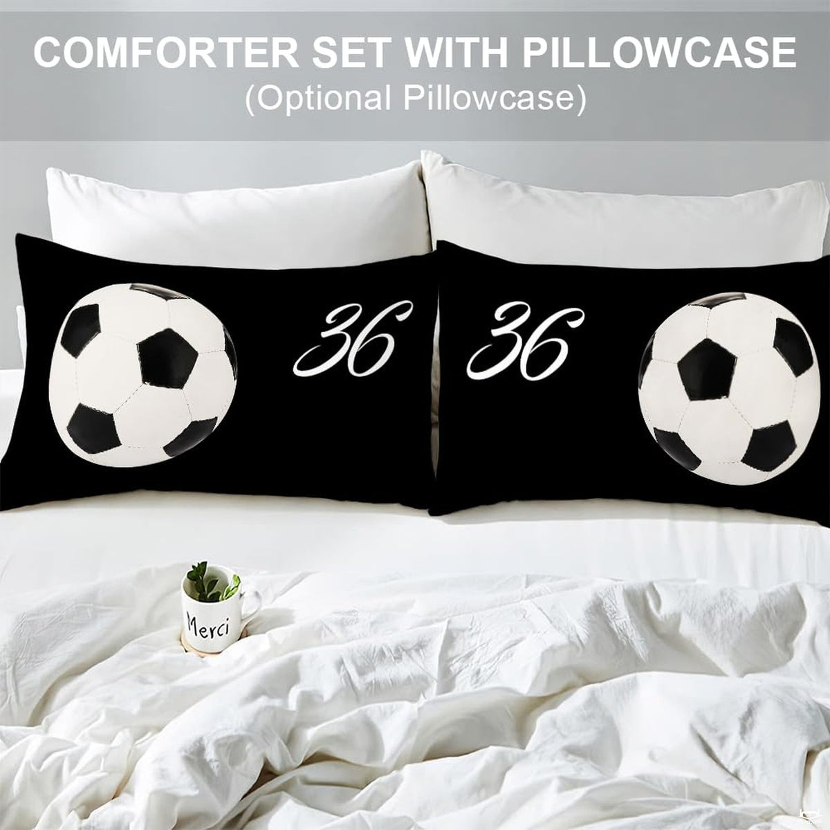 Matching pillow sham detail for black soccer bedding set featuring jersey numbers and ball graphic