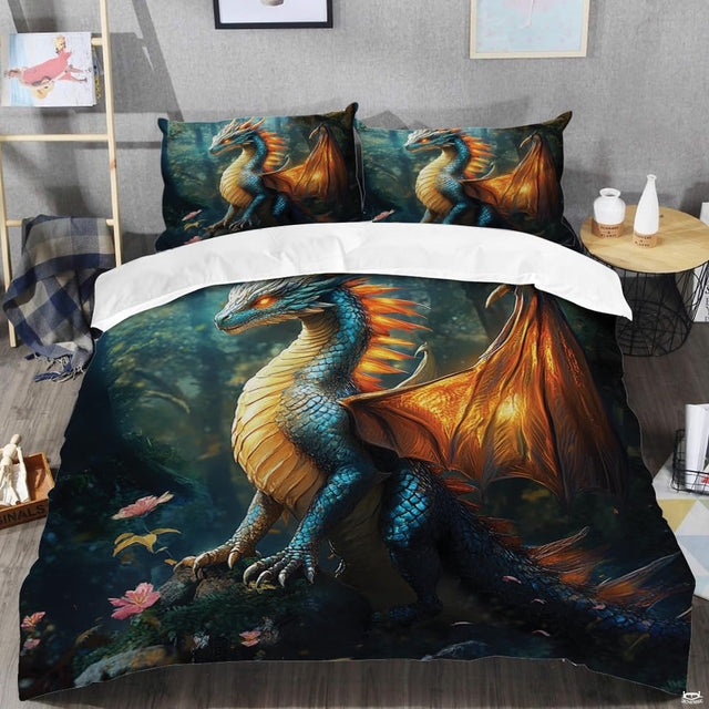 Amber wing dragon bedding shown in a modern bedroom