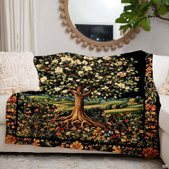 Draped setting showcasing rich forest greens and botanical artwork on Blanket.