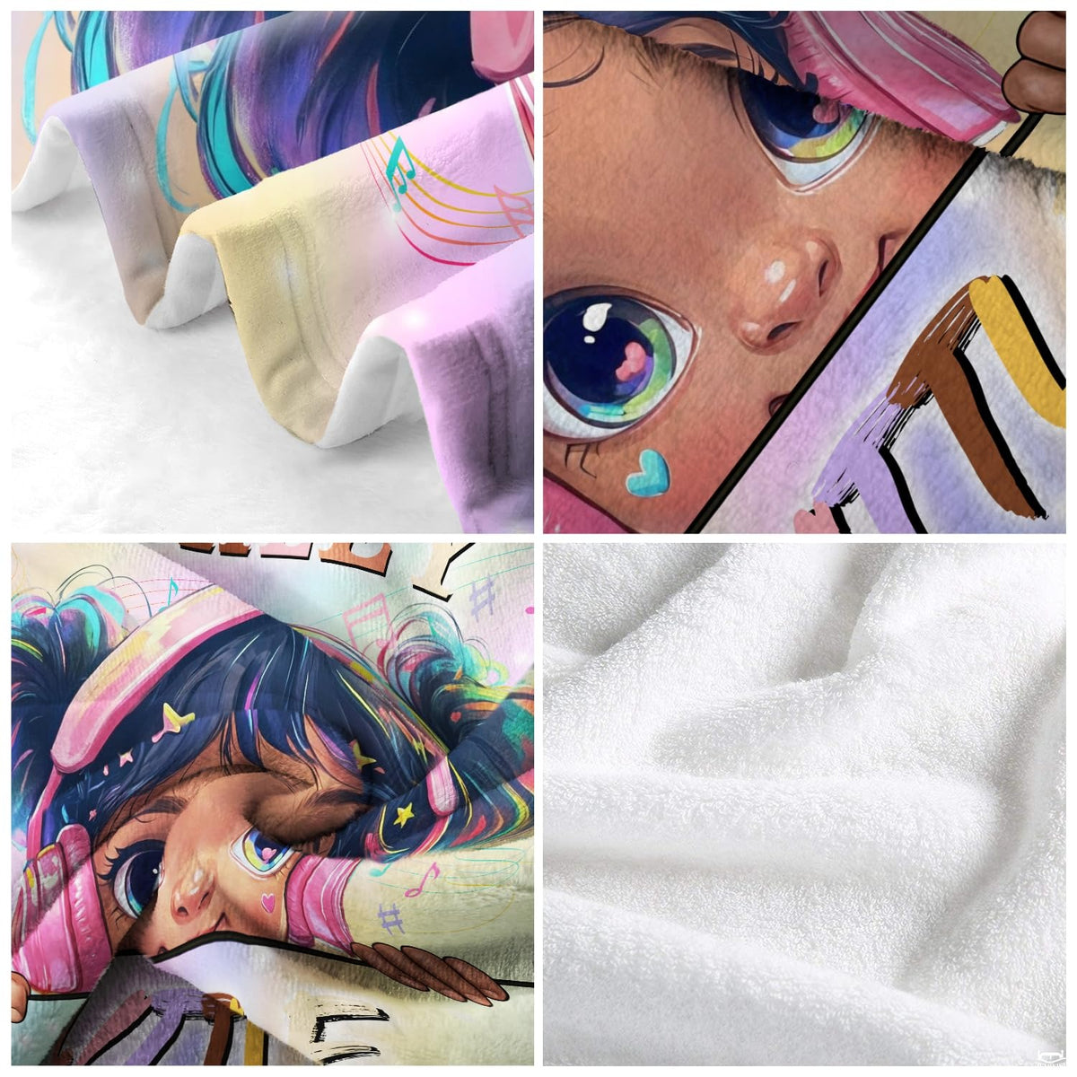 Music headphones girl throw blanket view 4 highlighting rainbow hair, pink headphones, and pastel backdrop