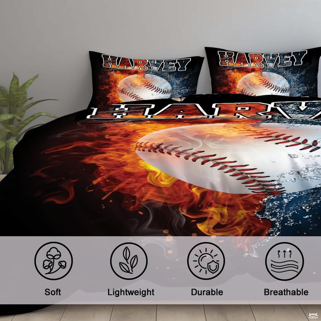 Overhead view showcasing the dual fire and ice baseball graphic on the elements bedding set centerpiece.