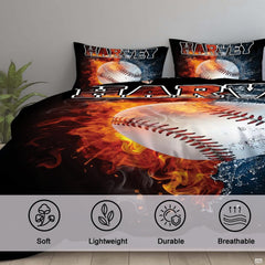 Overhead view showcasing the dual fire and ice baseball graphic on the elements bedding set centerpiece.