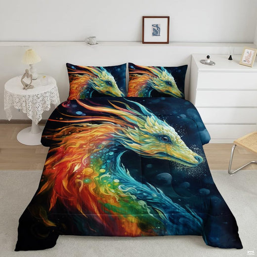 Teal turquoise dragon galaxy bedding set showing mythical winged creature soaring through radiant cosmic nebulae.