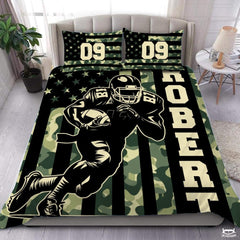 Custom Football Player Running on Camouflage Flag Comforter